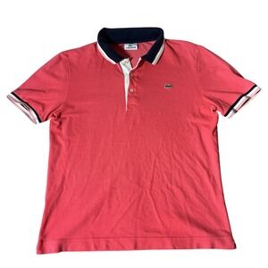 Lacoste Womens Preppy Pink‎ Pique Polo Shirt Short Sleeve Navy Trim Size 4 F8331